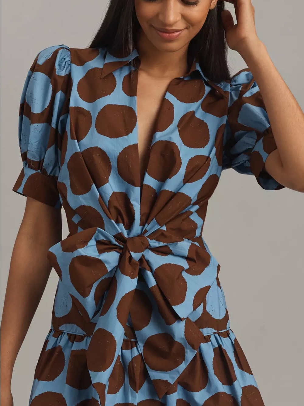 FARM Rio Blue & Brown Polka-Dot Tie-Front Mini Dress - Picture 2 of 3